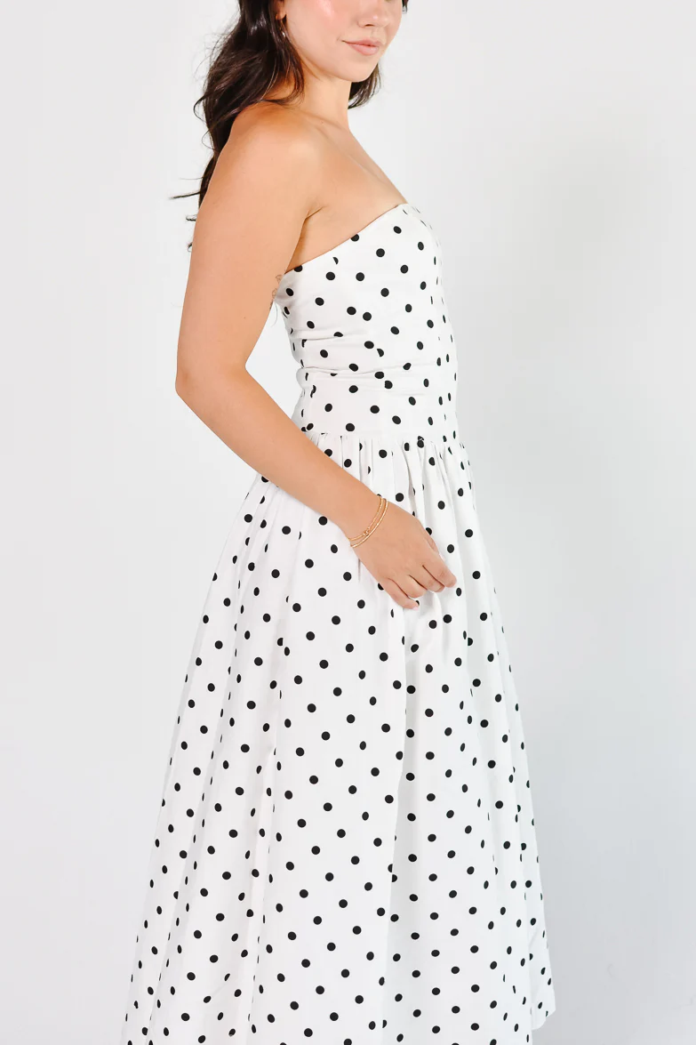 La Dolce Dot Strapless White and Black Polka Dot Maxi Dress - Image 3