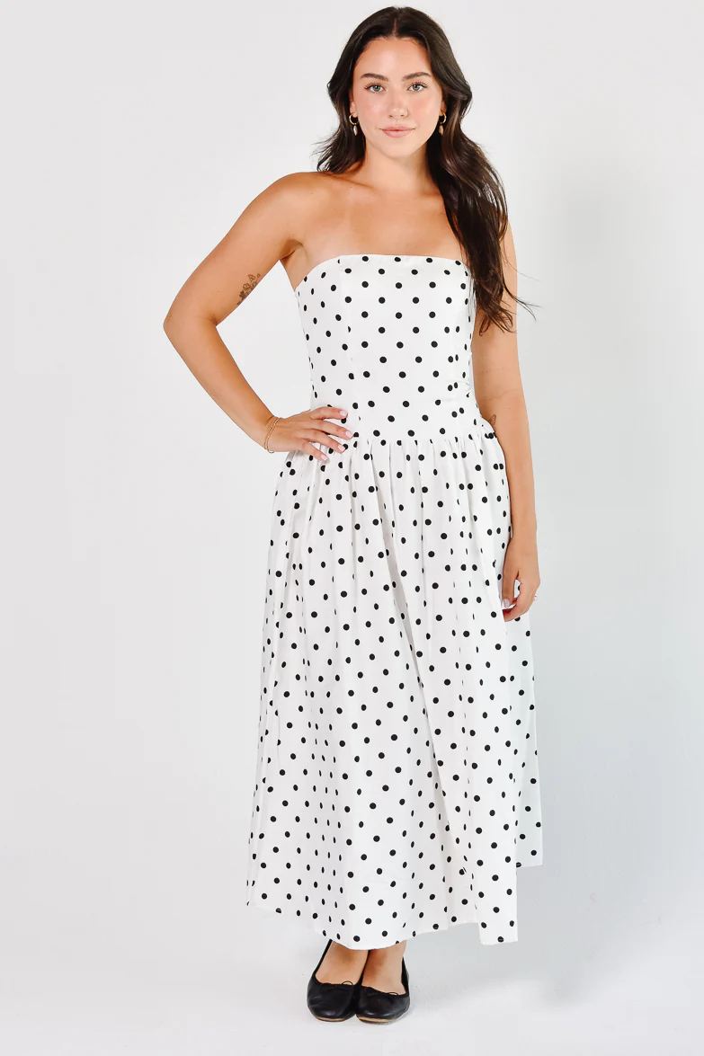 La Dolce Dot Strapless White and Black Polka Dot Maxi Dress - Image 4
