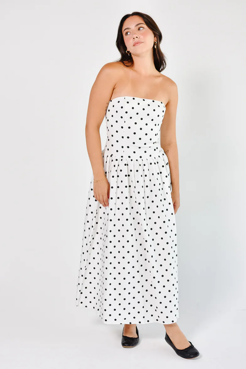 La Dolce Dot Strapless White and Black Polka Dot Maxi Dress - Image 5