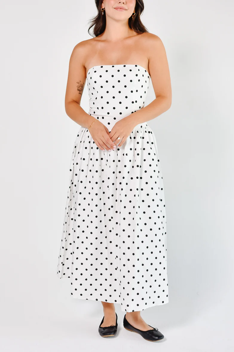 La Dolce Dot Strapless White and Black Polka Dot Maxi Dress - Image 6