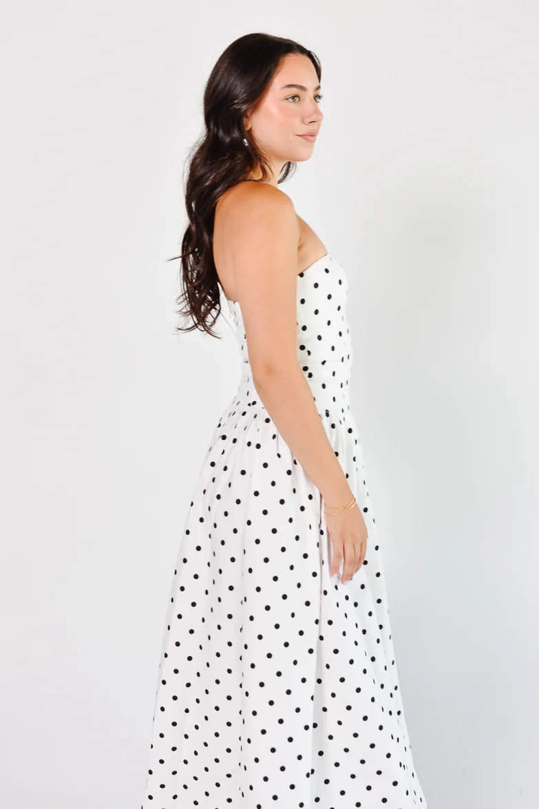 La Dolce Dot Strapless White and Black Polka Dot Maxi Dress - Image 7
