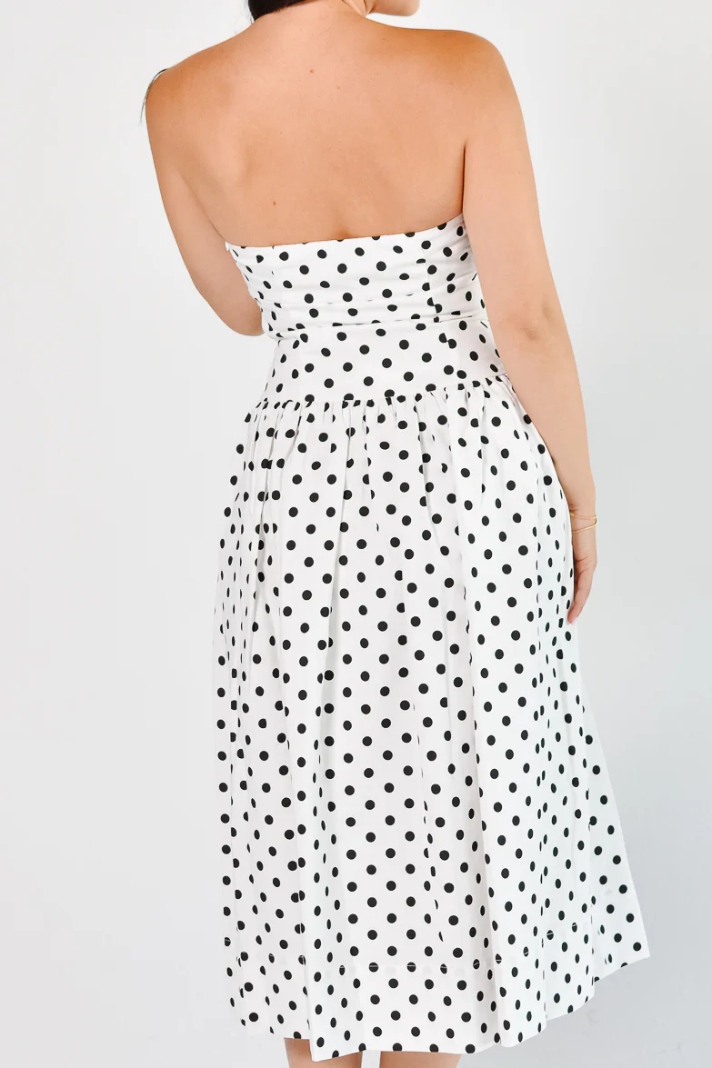 Roman Holiday Strapless White Polka Dot Midi Dress - Image 3