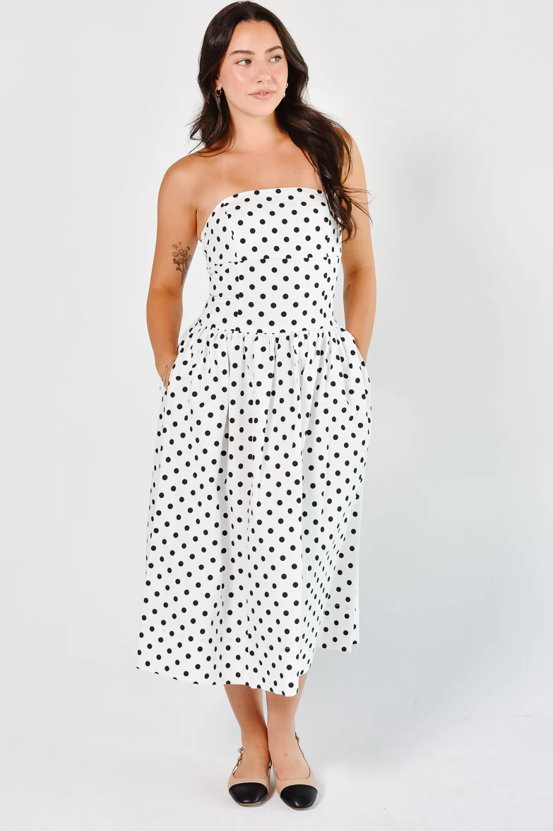 Roman Holiday Strapless White Polka Dot Midi Dress - Image 4