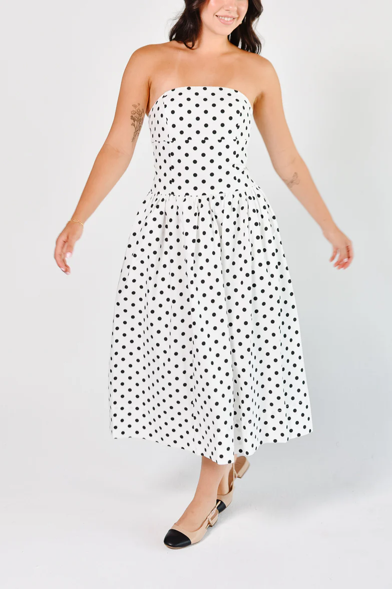 Roman Holiday Strapless White Polka Dot Midi Dress - Image 5