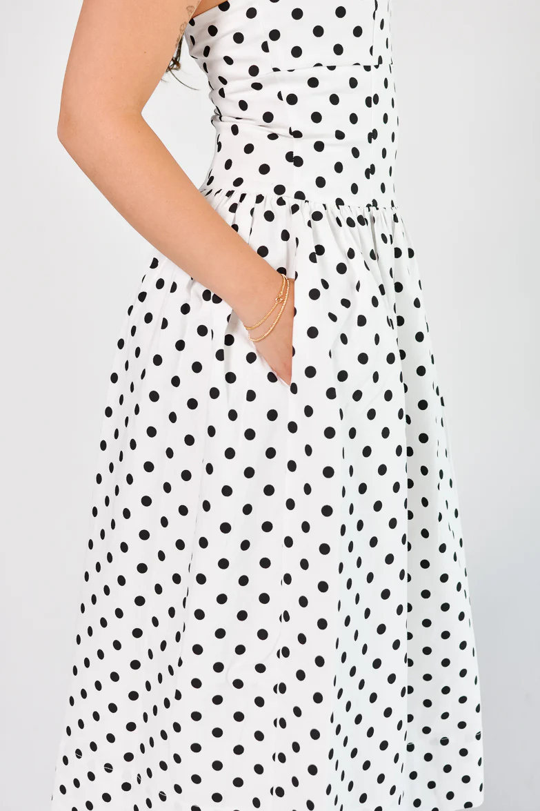 Roman Holiday Strapless White Polka Dot Midi Dress - Image 6