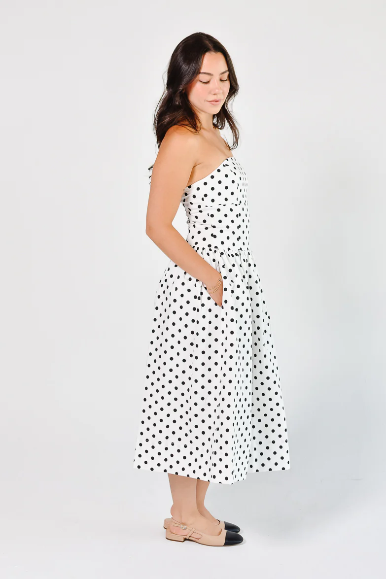 Roman Holiday Strapless White Polka Dot Midi Dress - Image 7