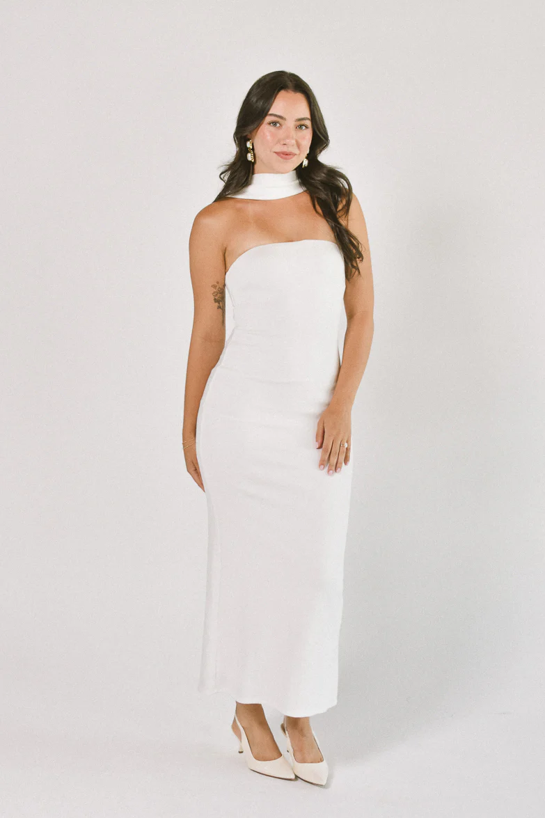 Sweetest Thing White Scarf Detail Midi Dress - FINAL SALE