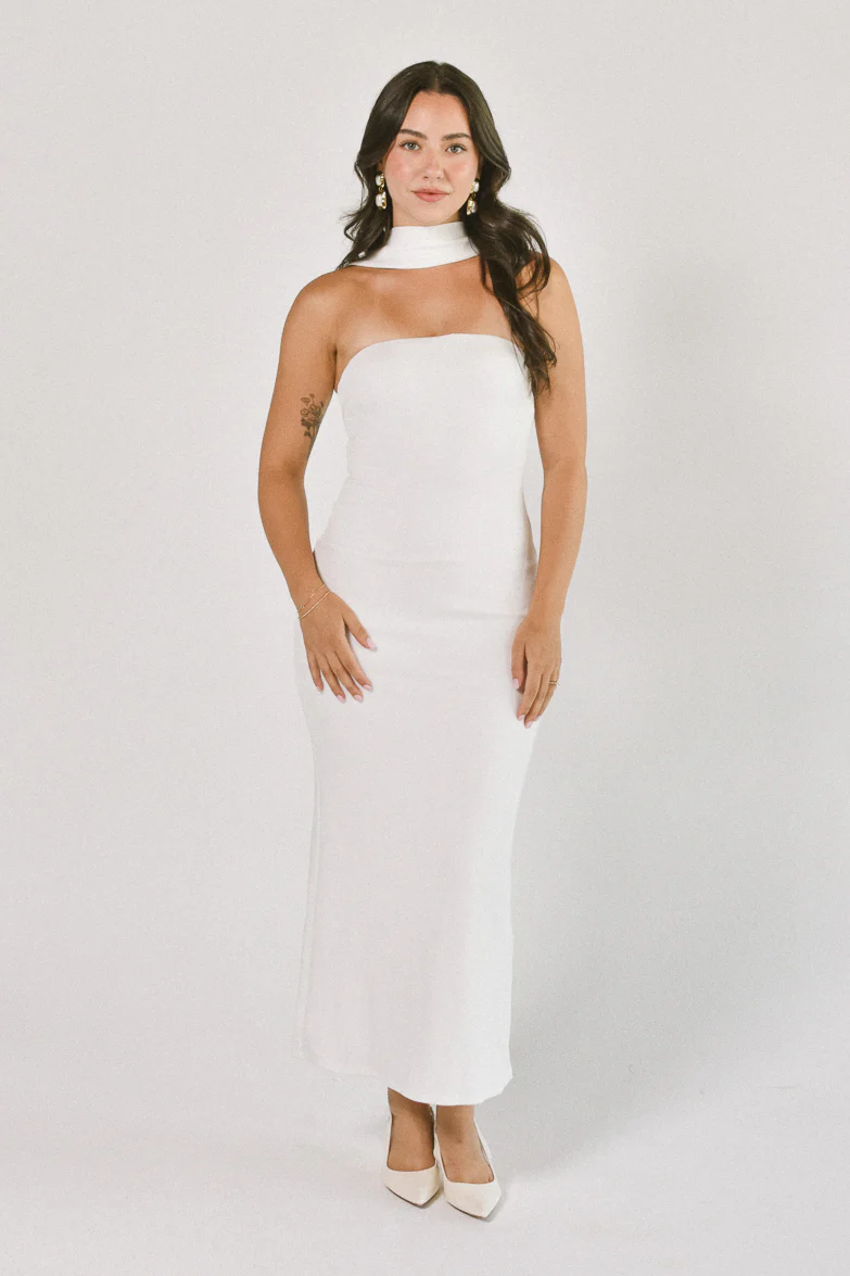 Sweetest Thing White Scarf Detail Midi Dress - FINAL SALE - Image 4