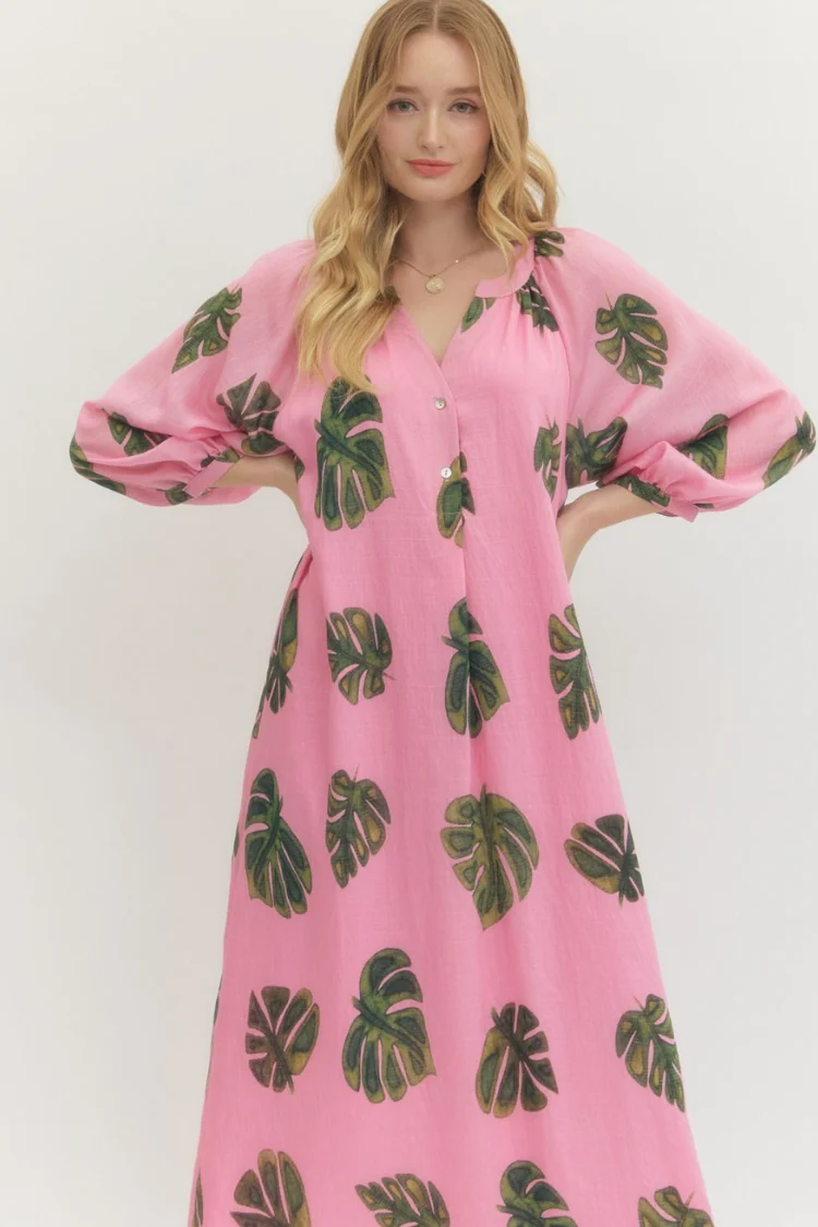 Tropical Escape Palm Print Midi Dress - Pink - Image 3