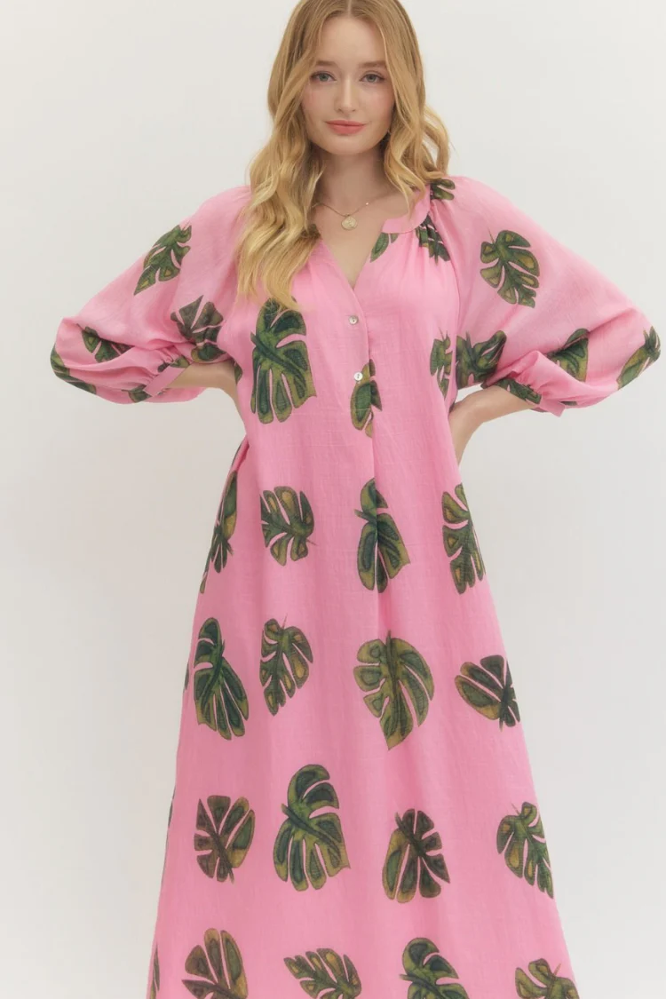 Tropical Escape Palm Print Midi Dress - Pink - Image 4