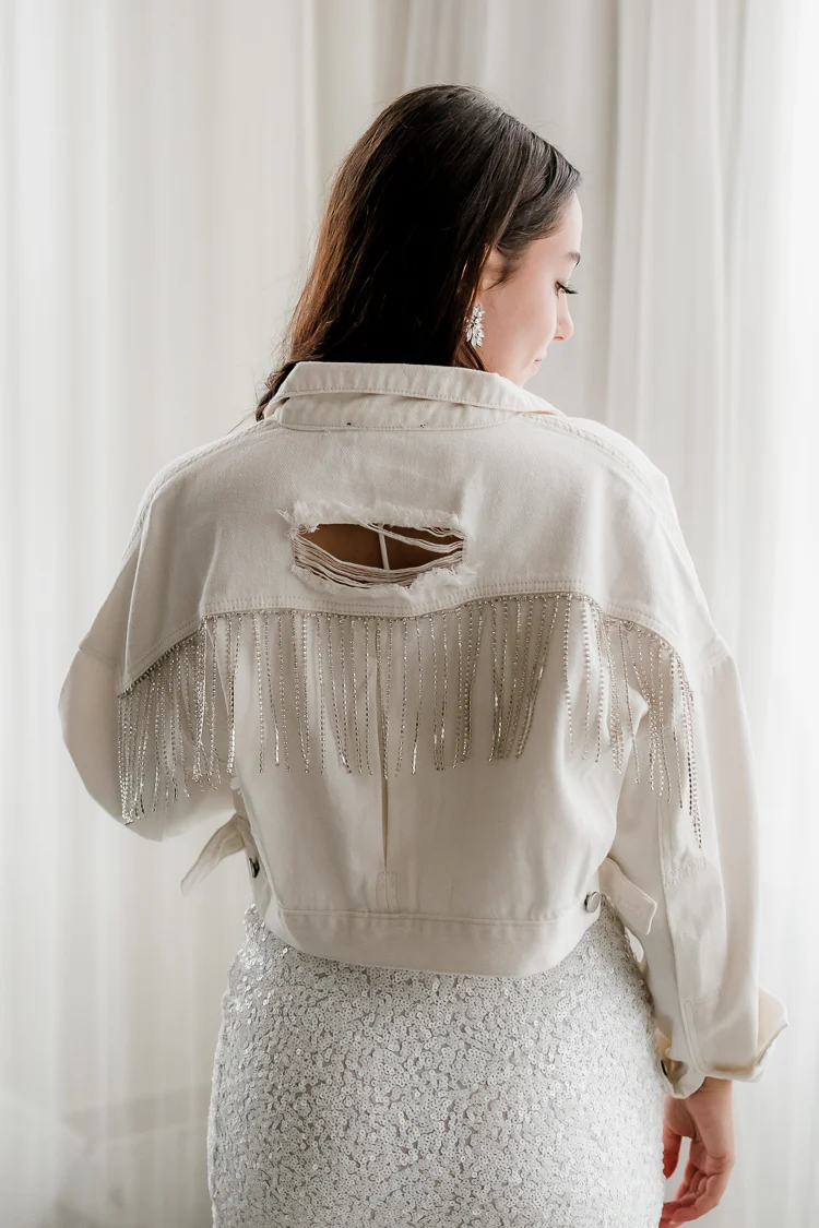 White Distressed Jean Jacket with Rhinestone Fringe