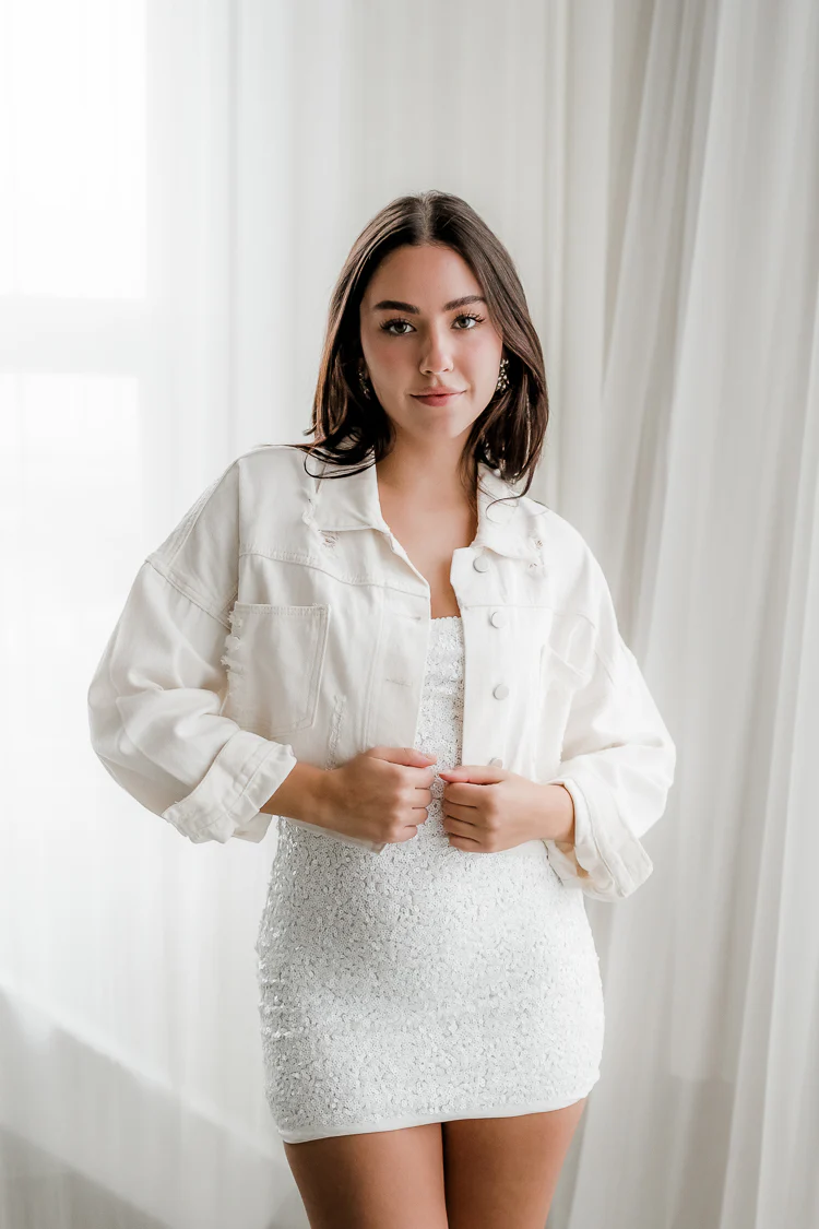 White Distressed Jean Jacket with Rhinestone Fringe - Image 2